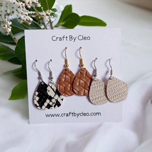 Premium faux leather earrings, nude colors and animal print - set of 3 pairs.